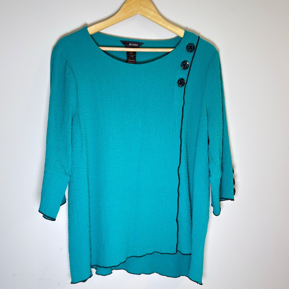 Ali Miles Teal Textured 3/4 Sleeve Asymmetrical Button Top Petite Large PL - Picture 2 of 8